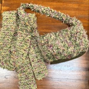 Set/2:Handknit Felted purse w/matching scarf-fall colors purple,green,gold,beige